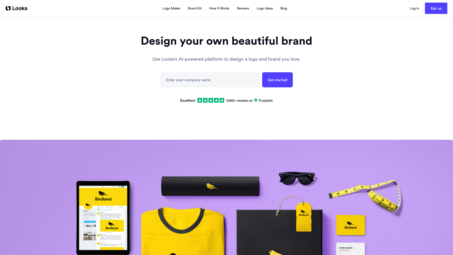 Looka AI-powered logo generator homepage with brand kit features