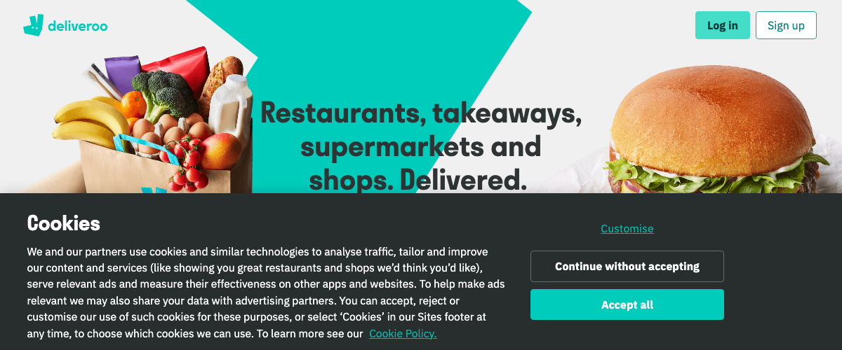 Deliveroo food delivery platform homepage UK and Europe