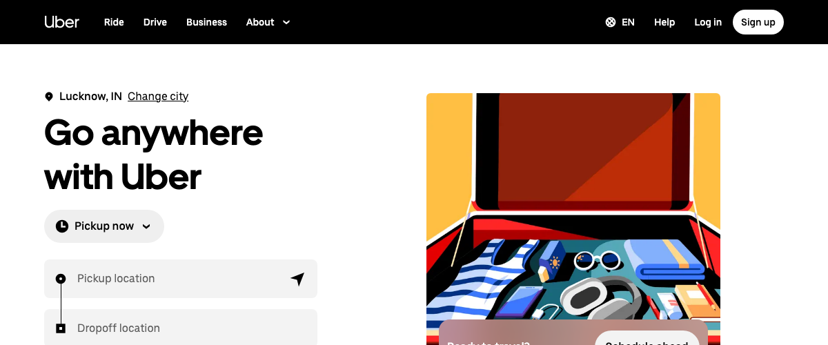 Uber ride-hailing and delivery platform homepage
