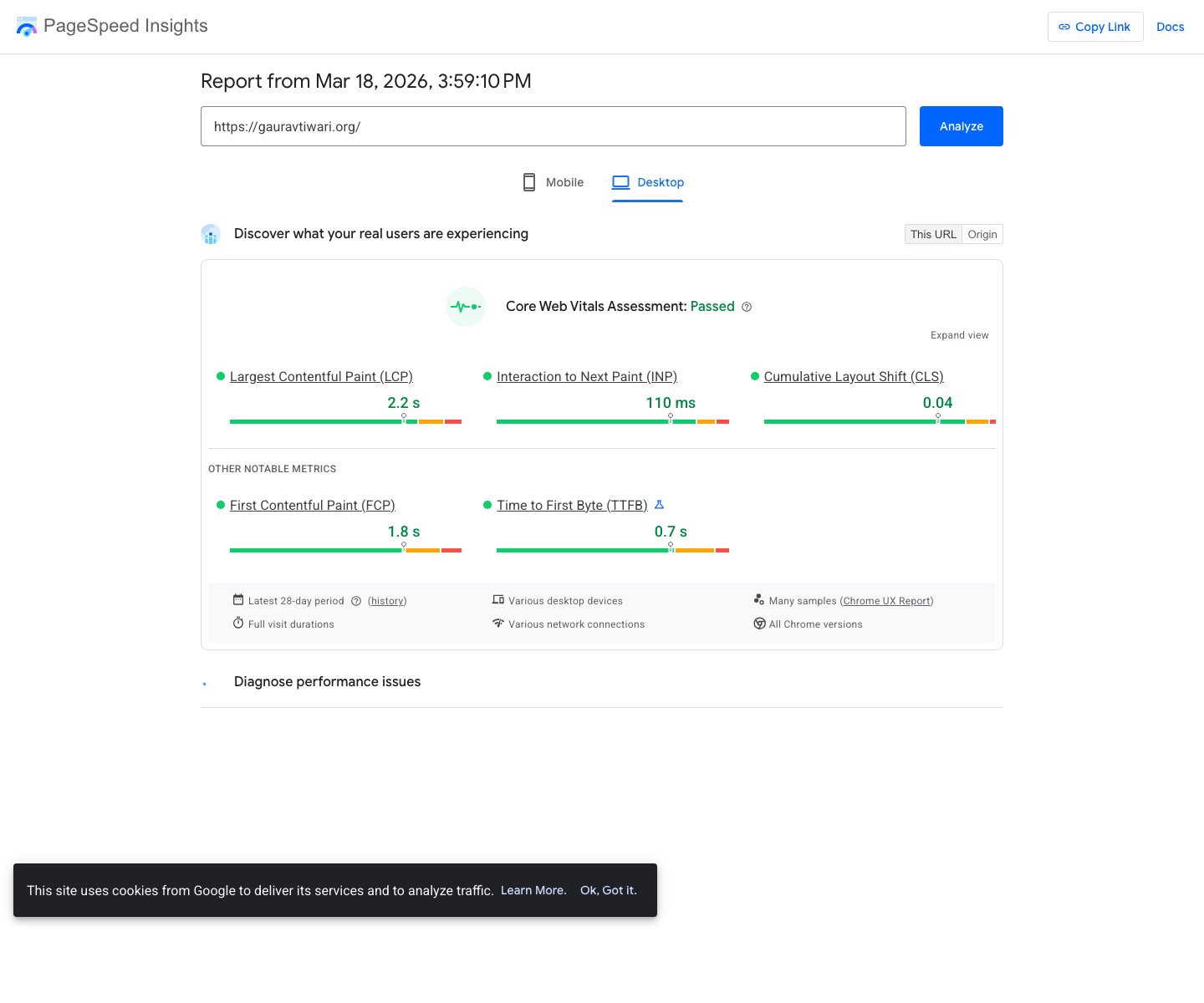 PageSpeed Insights showing gauravtiwari.org passing Core Web Vitals with LCP 2.2s INP 110ms CLS 0.04