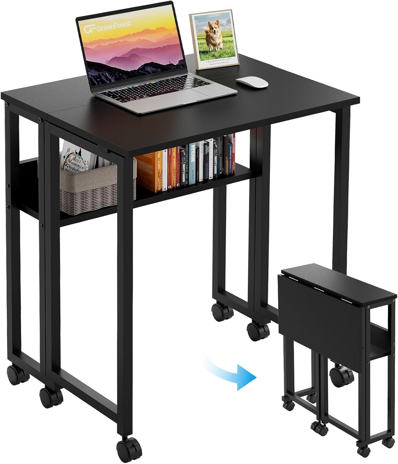 GreenForest Folding Desk Small Rolling Desk with Storage Shelf, Foldable Computer Desk