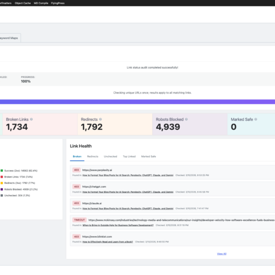 Rank Math AI Link Genius overview dashboard showing link status audit results