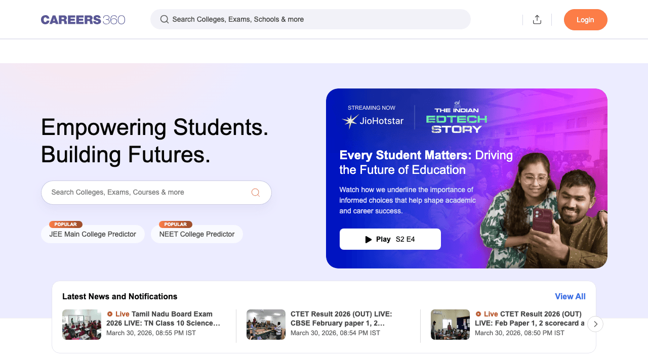 Careers360 homepage showing college rankings and admission predictor tools