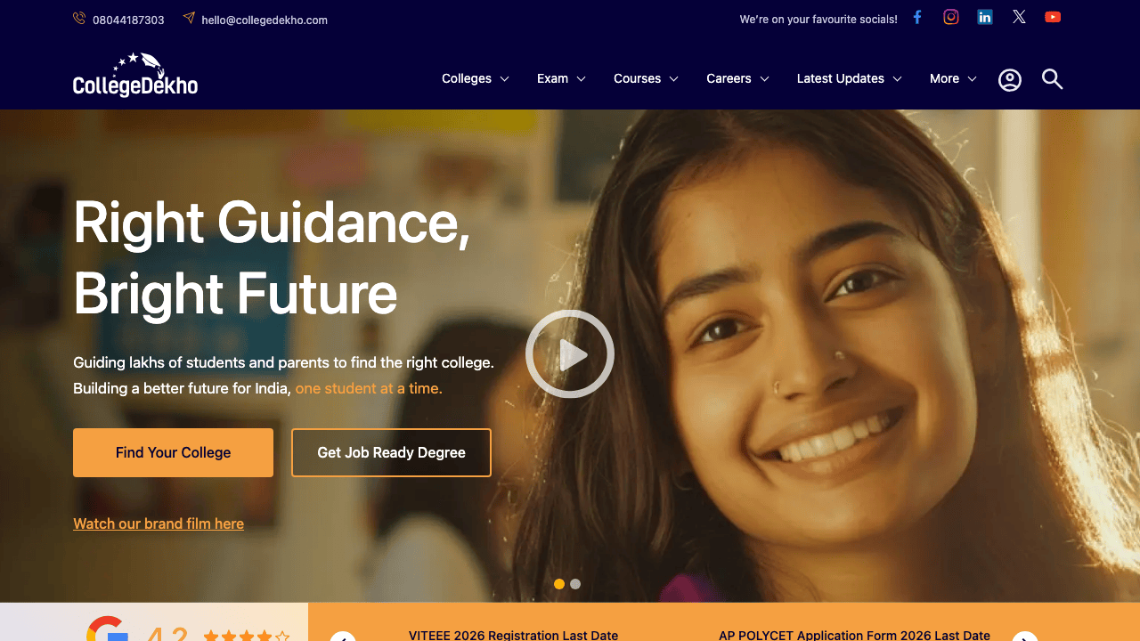 CollegeDekho homepage with AI-powered college recommendations and free counseling