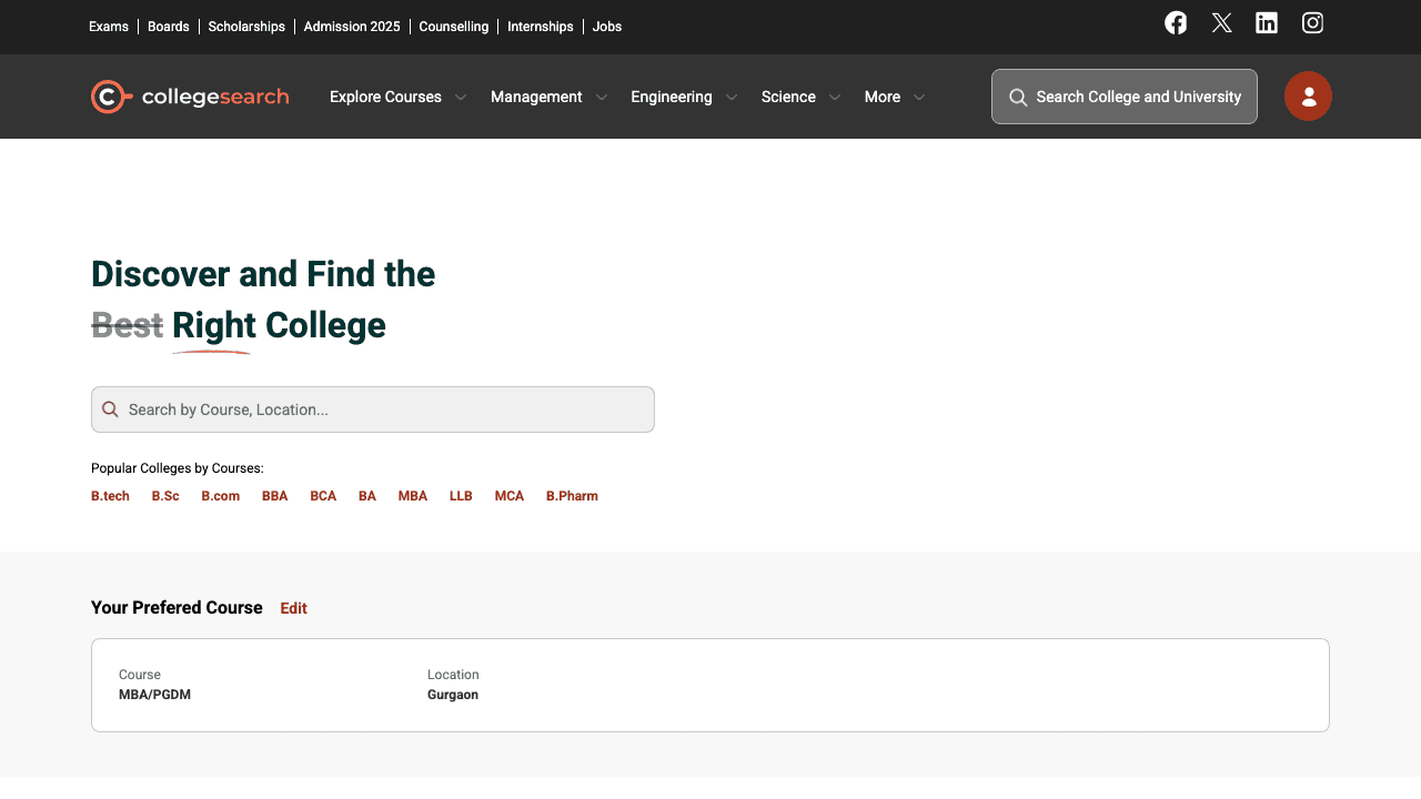 CollegeSearch.in homepage with database of 13000+ Indian colleges
