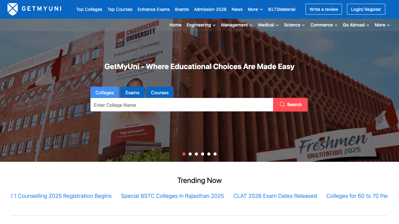 GetMyUni homepage with scholarship database and entrance exam resources