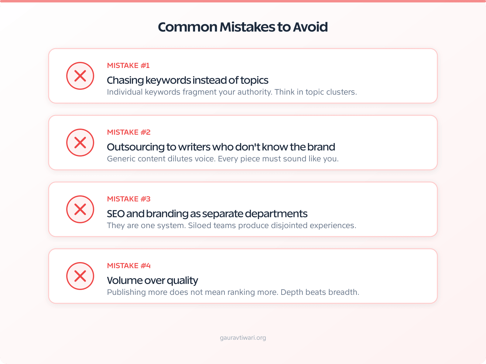 Four common SEO content mistakes: chasing keywords over topics, brand-ignorant outsourcing, separate departments, volume over quality