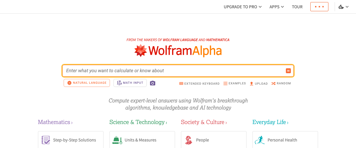 Wolfram Alpha homepage - computational knowledge engine
