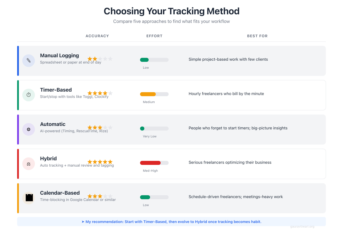 Different time tracking methods compared: manual entry, timer-based, automatic tracking, and pomodoro technique with pros and cons of each approach
