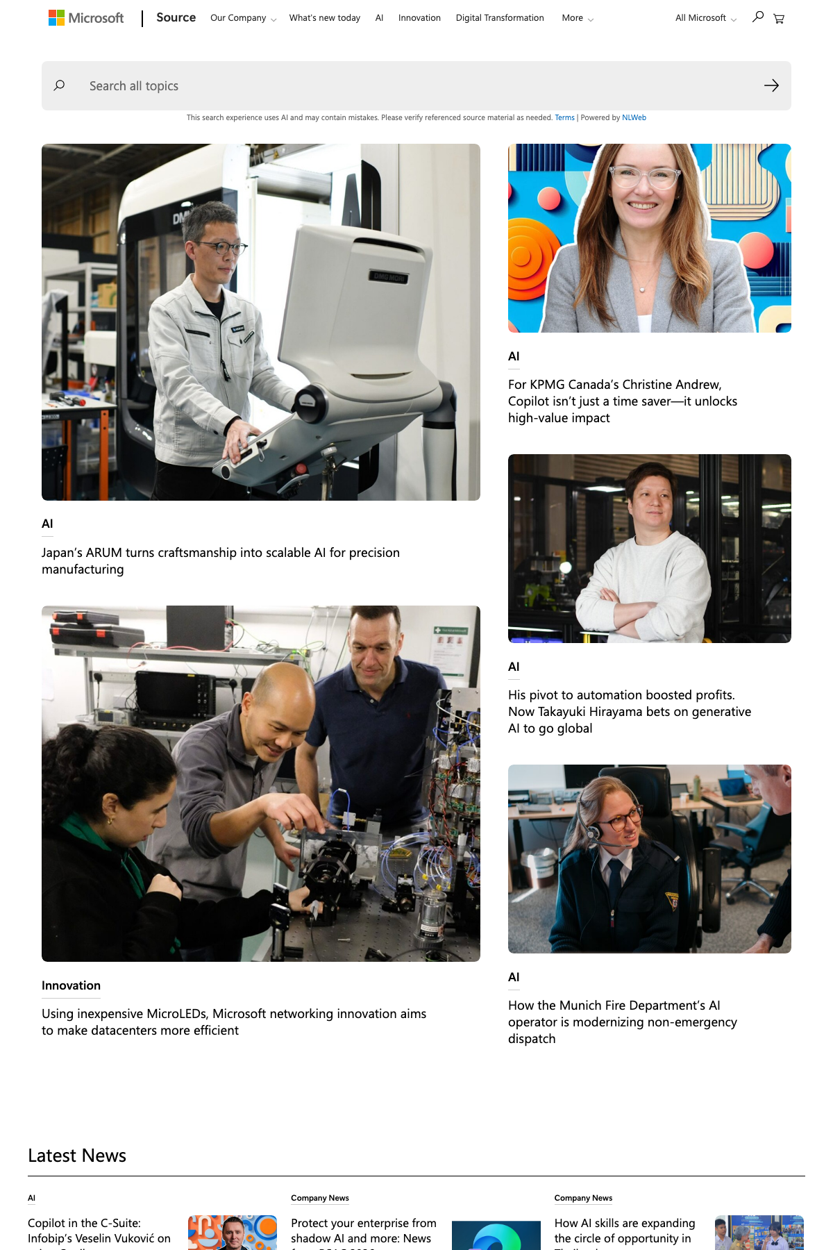 Microsoft News (news.microsoft.com) - WordPress website example screenshot