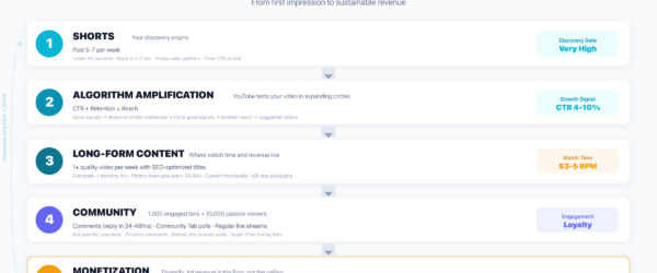 YouTube content strategy funnel from Shorts to discovery to long-form to community to monetization