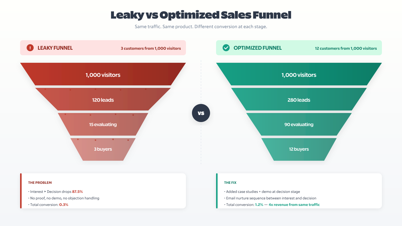 Leaky vs Optimized Sales Funnel comparison: same 1,000 visitors, 3 customers vs 12 customers, 4x revenue from one fix