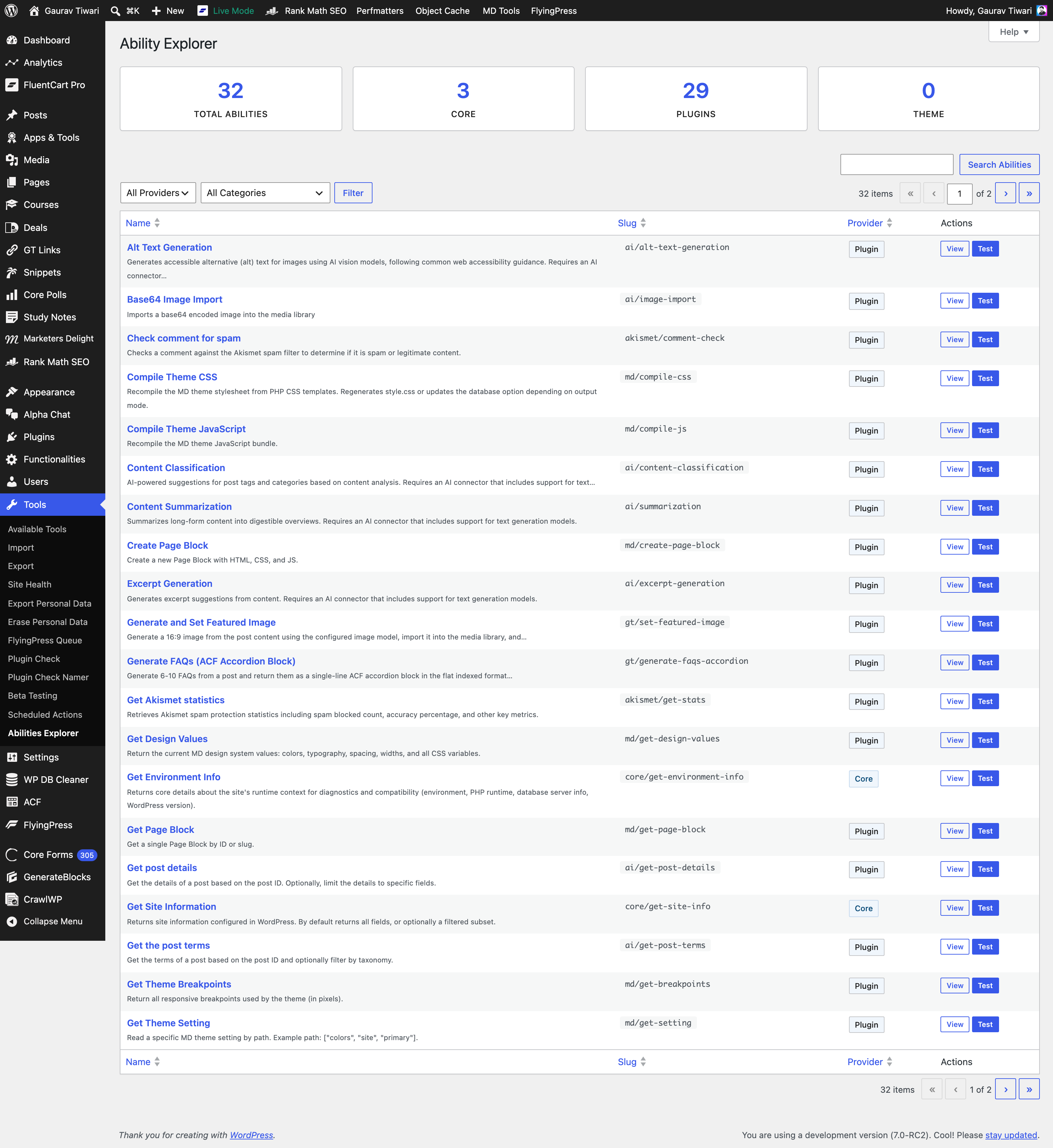 WordPress Abilities Explorer admin screen listing 32 registered abilities across 3 core and 29 plugin-provided categories on a WordPress 7.0 site