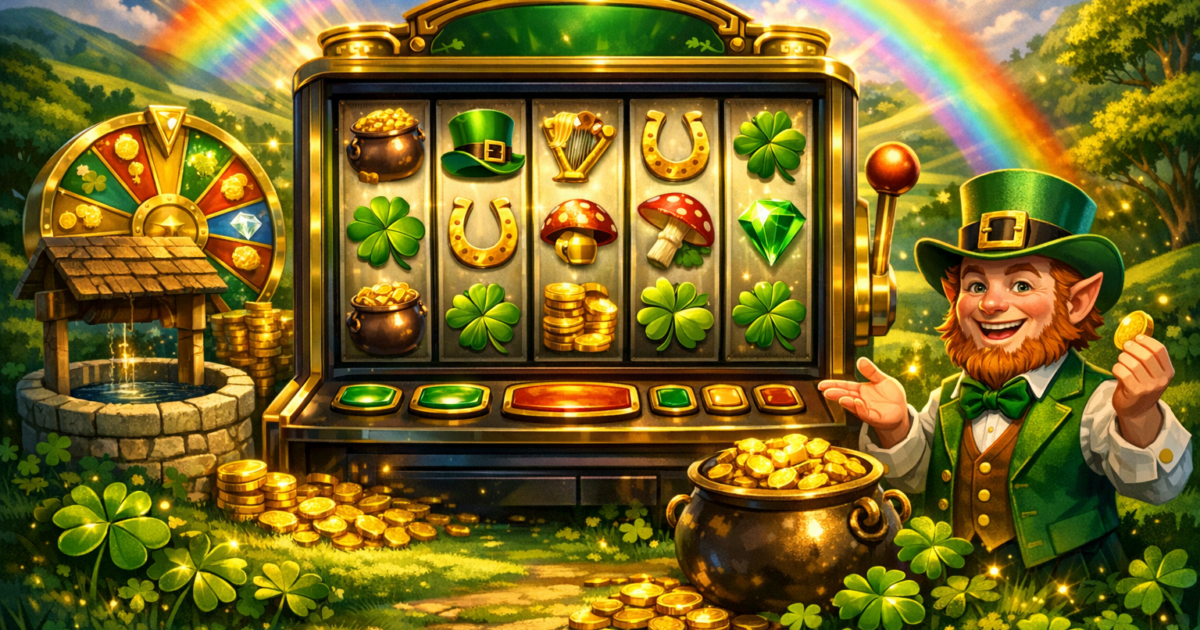 Leprechaun with a pot of gold next to a slot machine and rainbow in a lush landscape