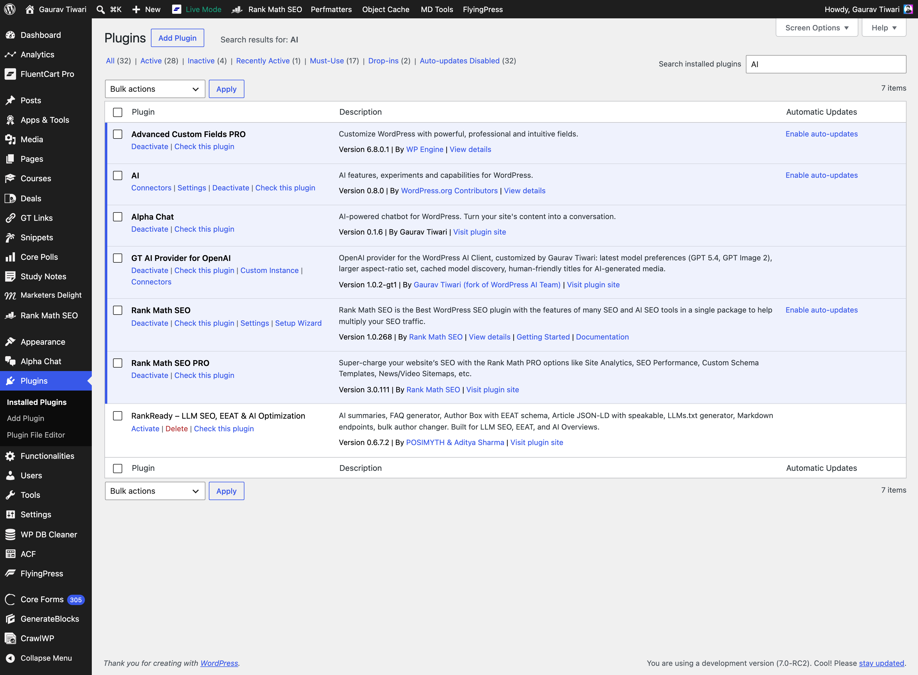 WordPress Plugins screen filtered for AI showing the official AI plugin v0.8.0 and the GT AI Provider for OpenAI fork active on gauravtiwari.org