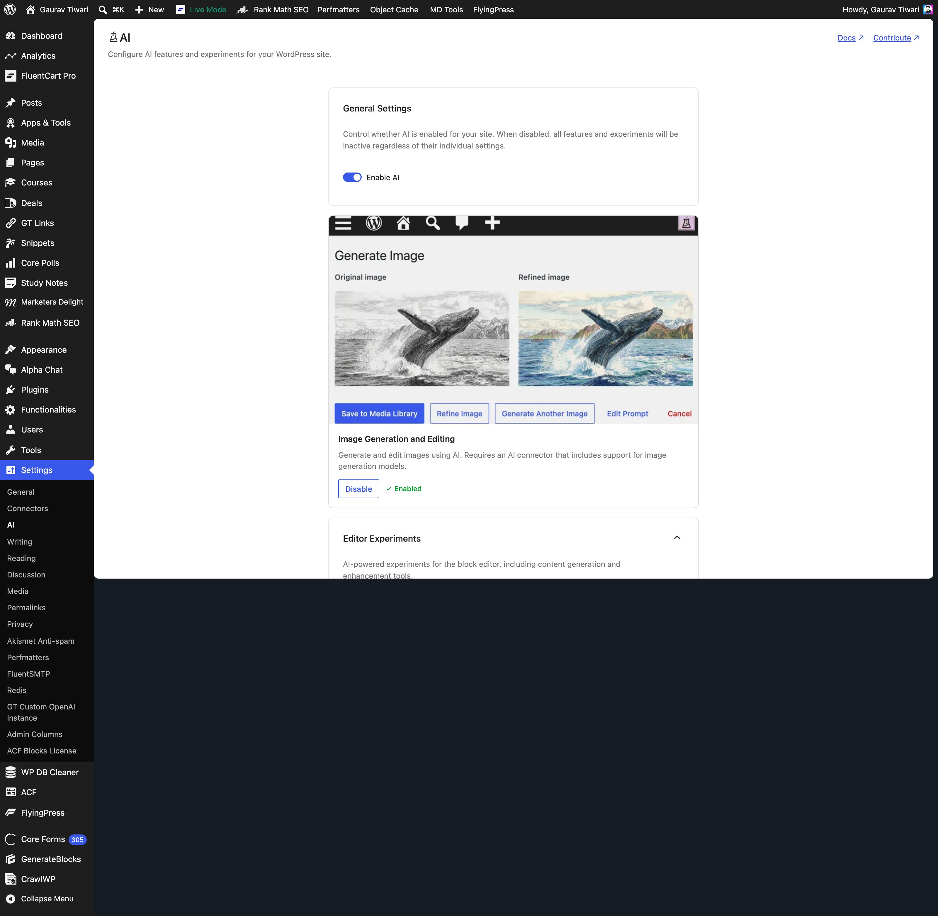 WordPress 7.0 AI plugin settings page showing General Settings panel with Enable AI toggle and Image Generation editor experiment