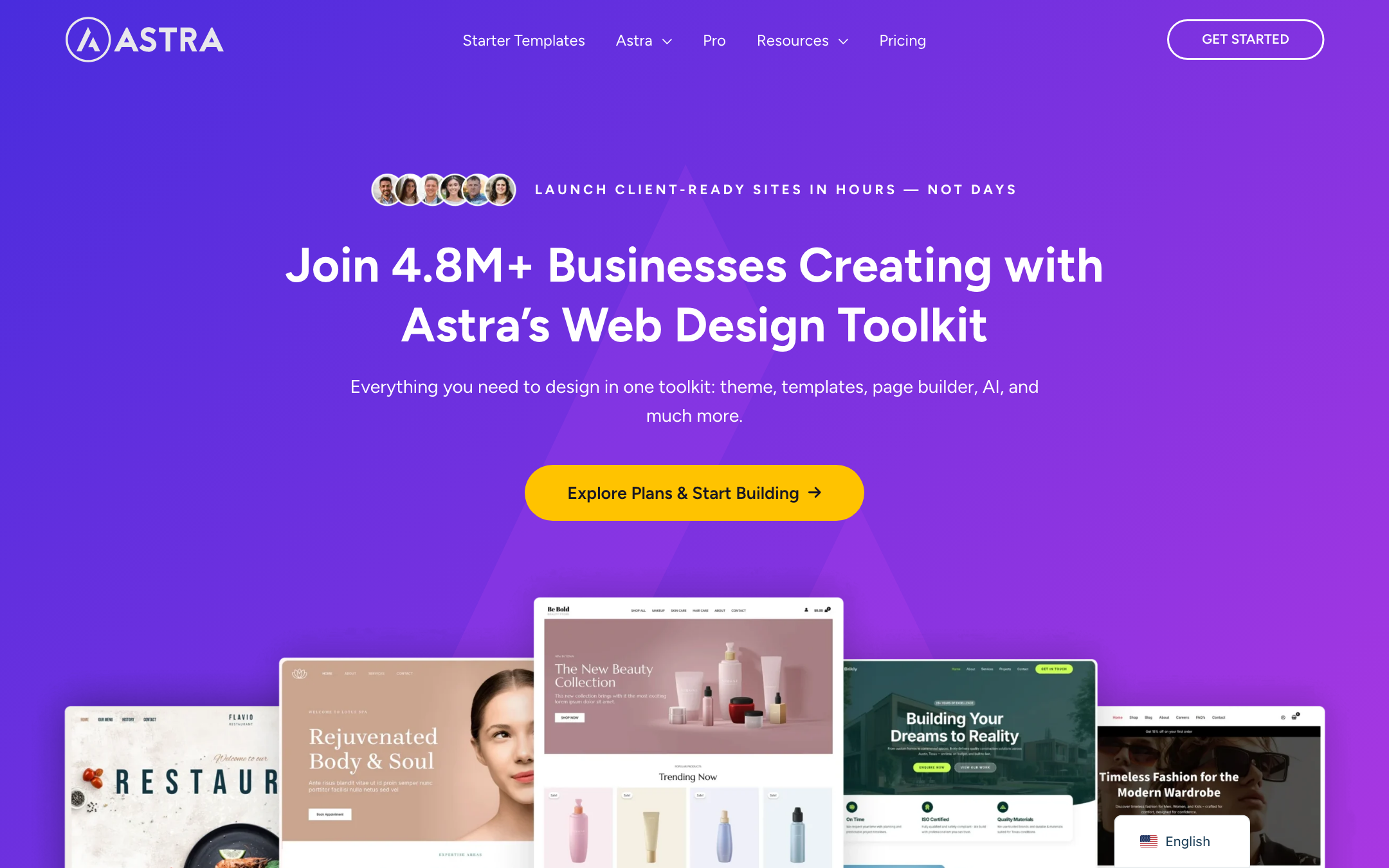 Astra WordPress theme homepage showing 4.8M businesses using Astra