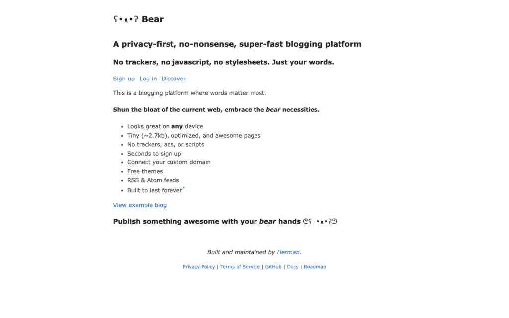 Bear Blog homepage screenshot for the best free blogging platform comparison.
