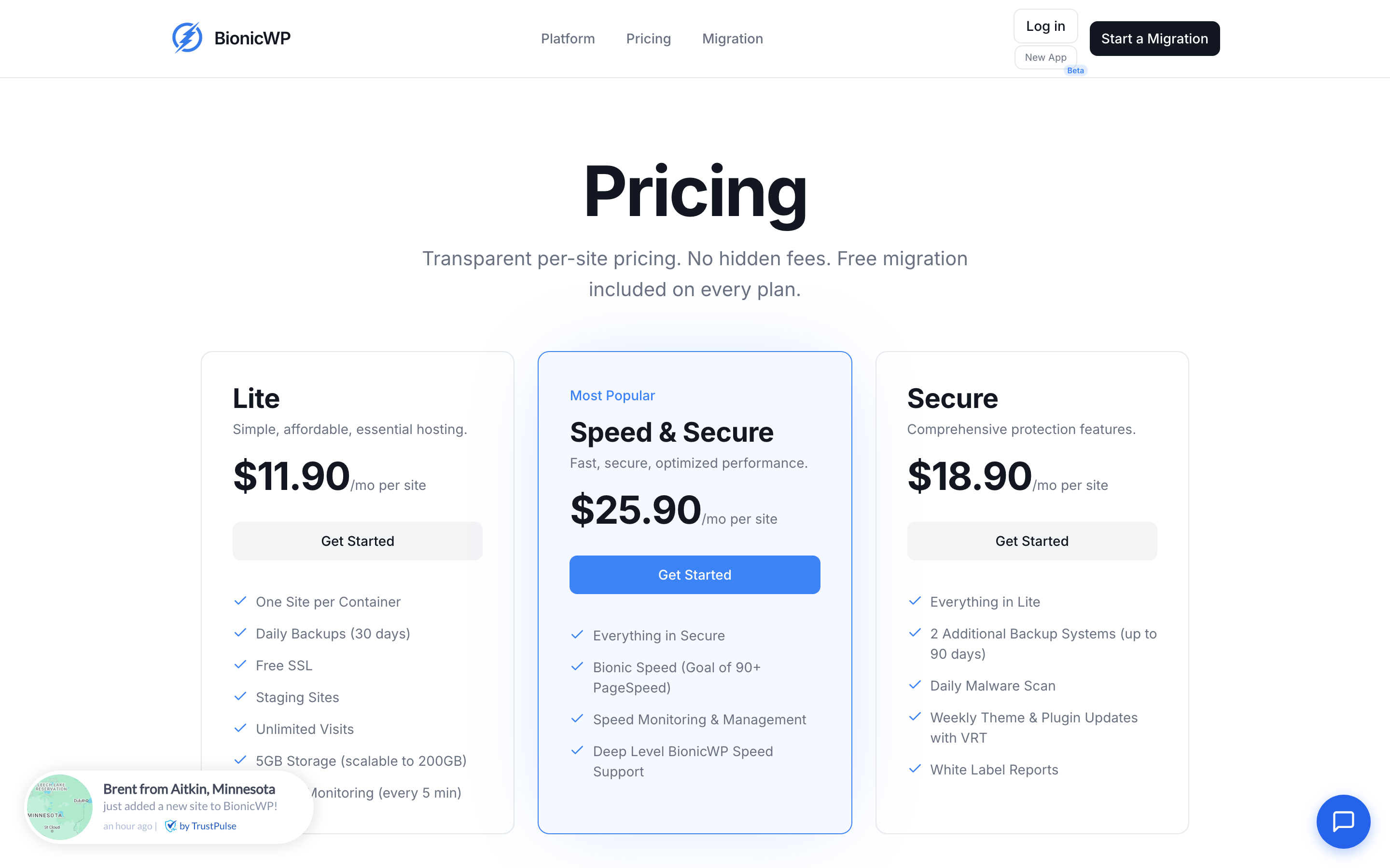 Screenshot of bionicwp.com/pricing showing the three pricing tiers: Lite at $11.90, Speed and Secure at $25.90 marked as Most Popular, Secure at $18.90, with feature checkmarks under each.
