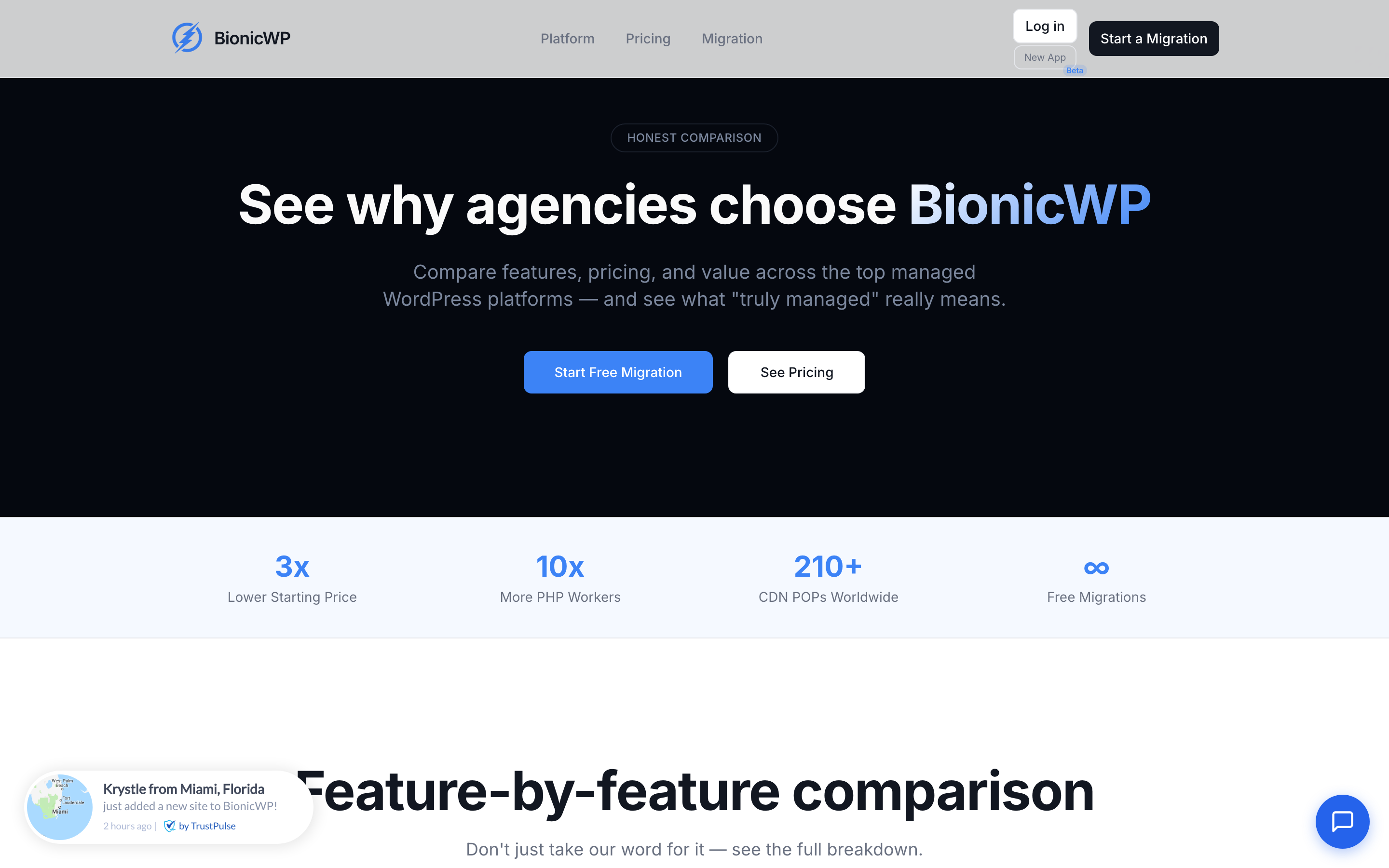 Screenshot of bionicwp.com/compare page titled 