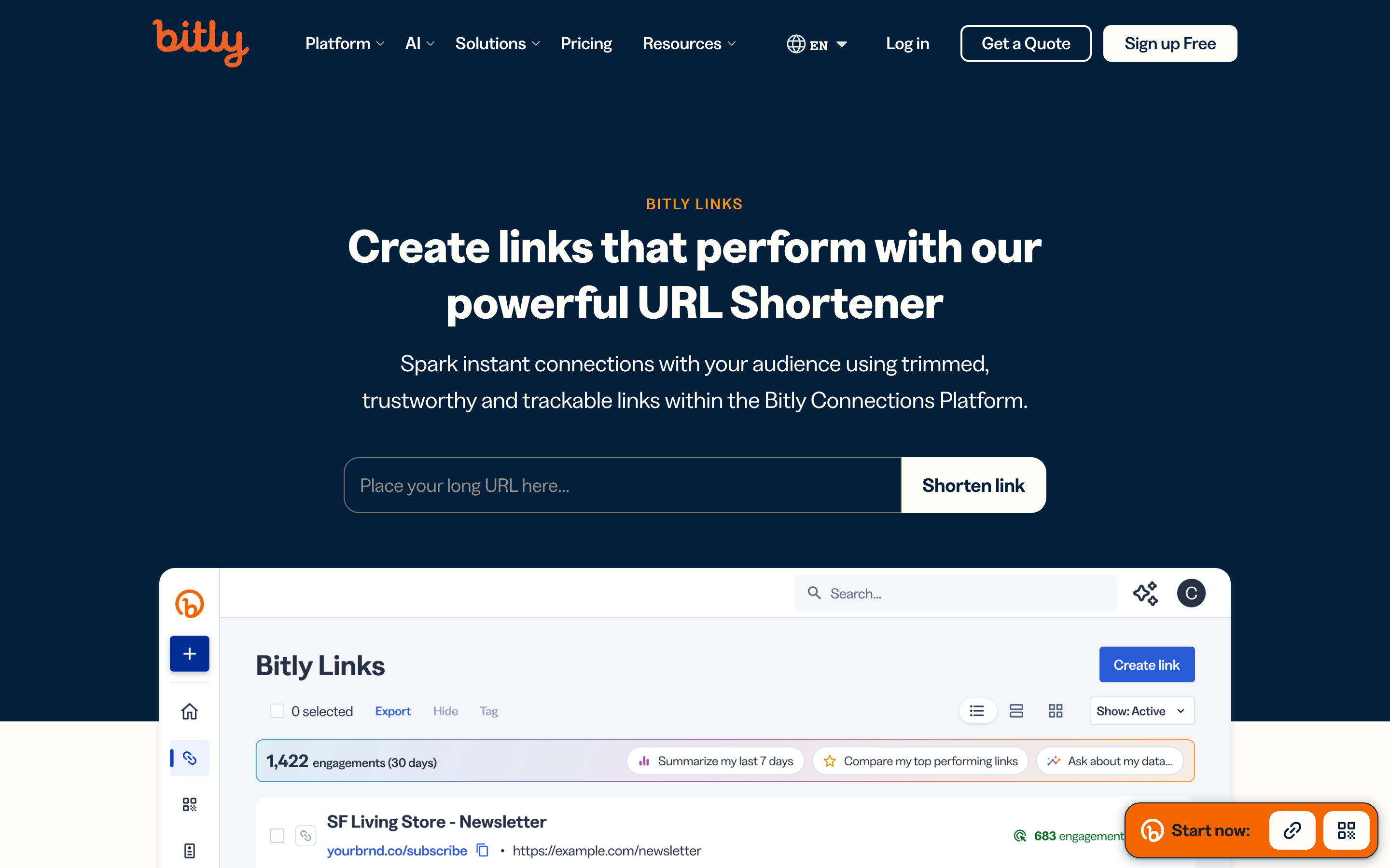 Bitly URL shortener homepage — most recognized goo.gl alternative