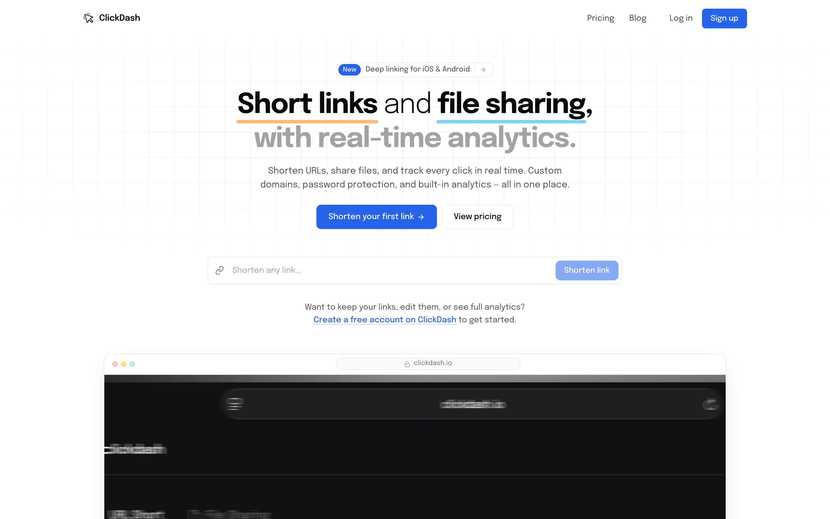 ClickDash homepage — budget goo.gl alternative with custom domains from $4/mo