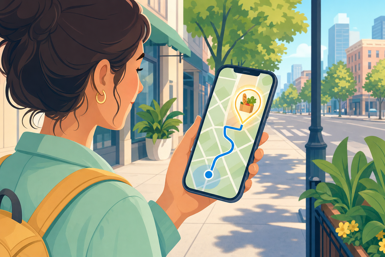 Person on a sidewalk navigating to the closest grocery store on their phone — illustration
