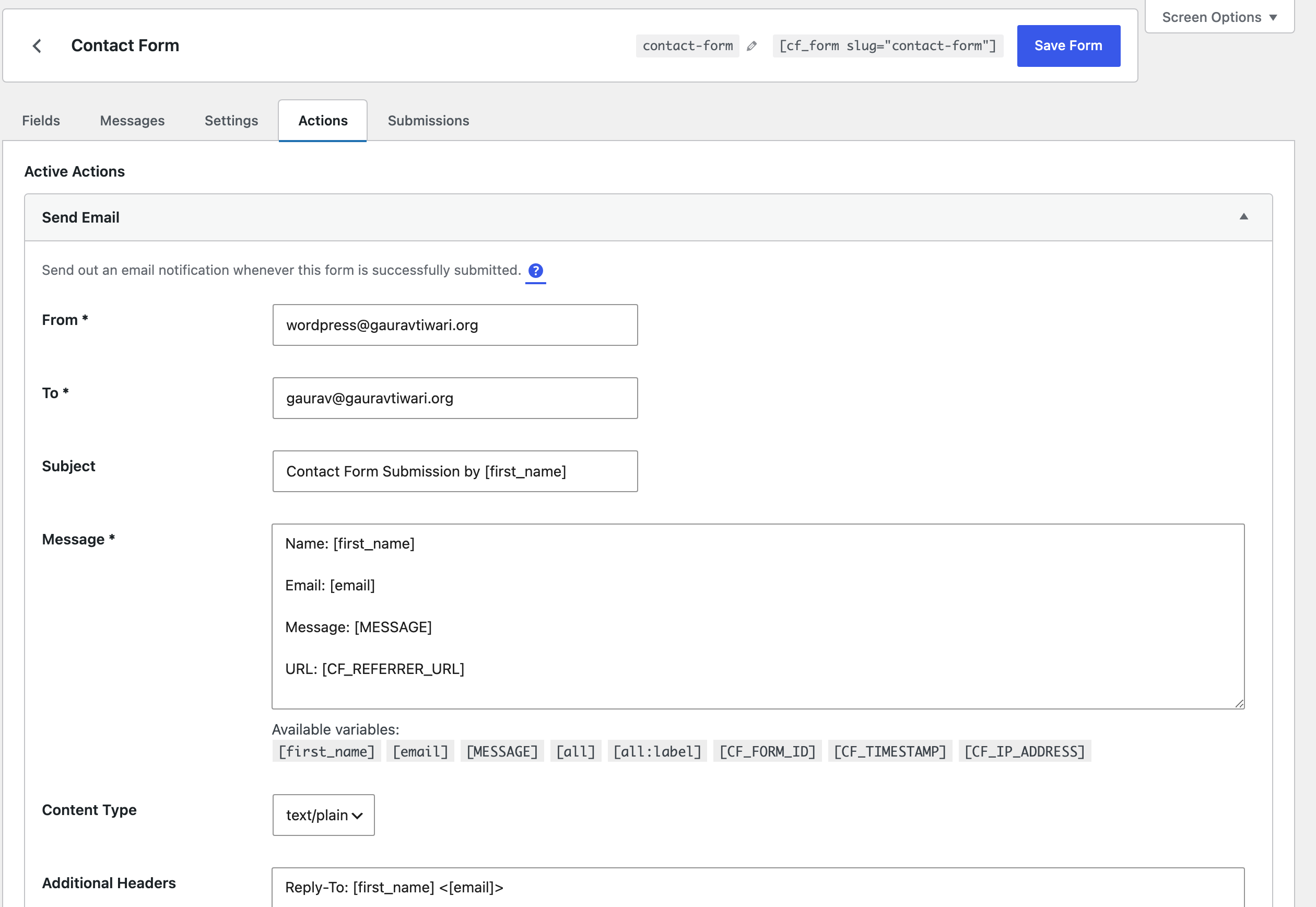 Core Forms actions and integrations