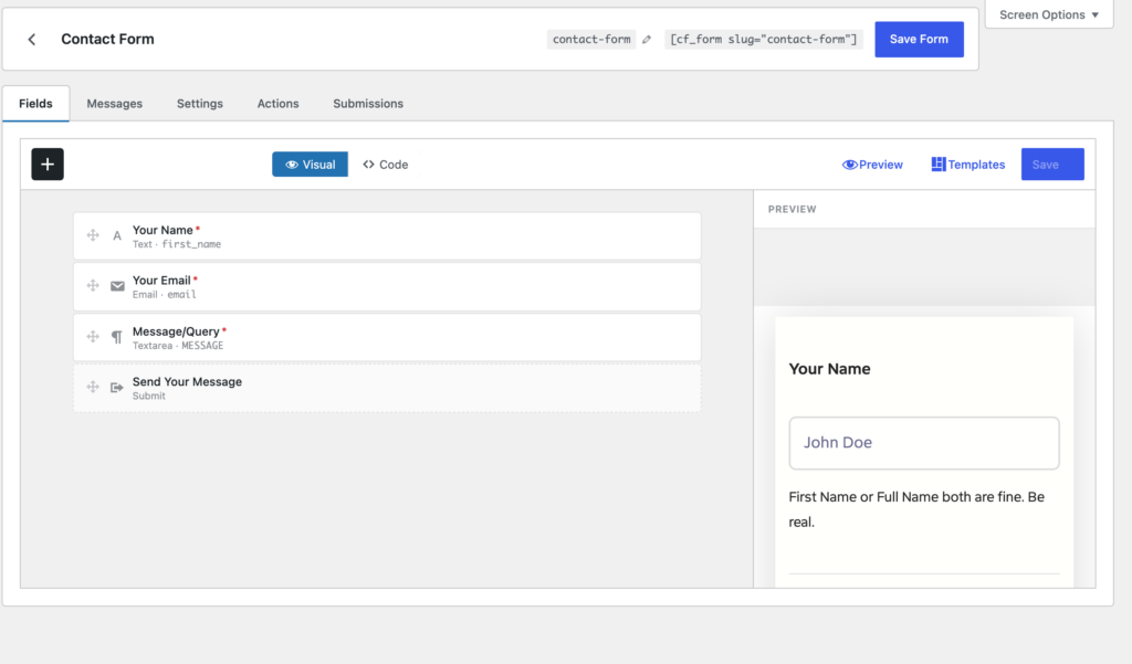 Core Forms HTML form editor inside WordPress