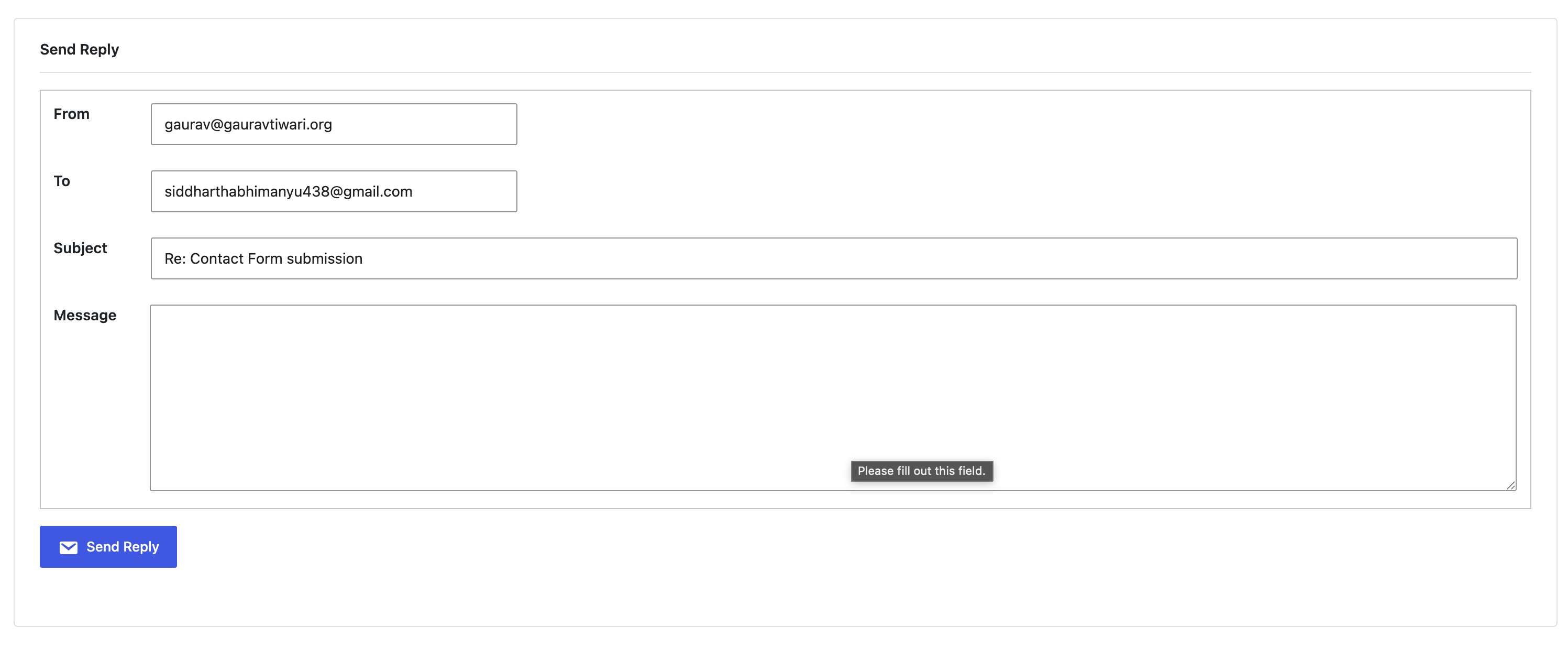 Core Forms frontend rendering a clean HTML contact form with zero JavaScript overhead