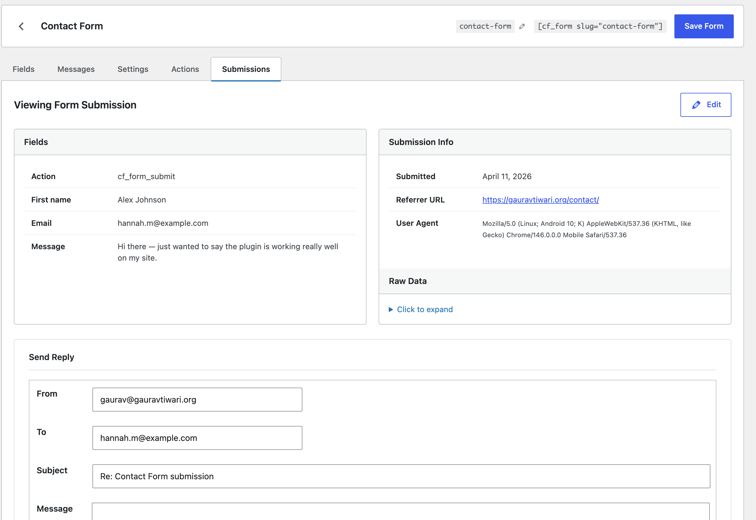Core Forms individual submission detail view