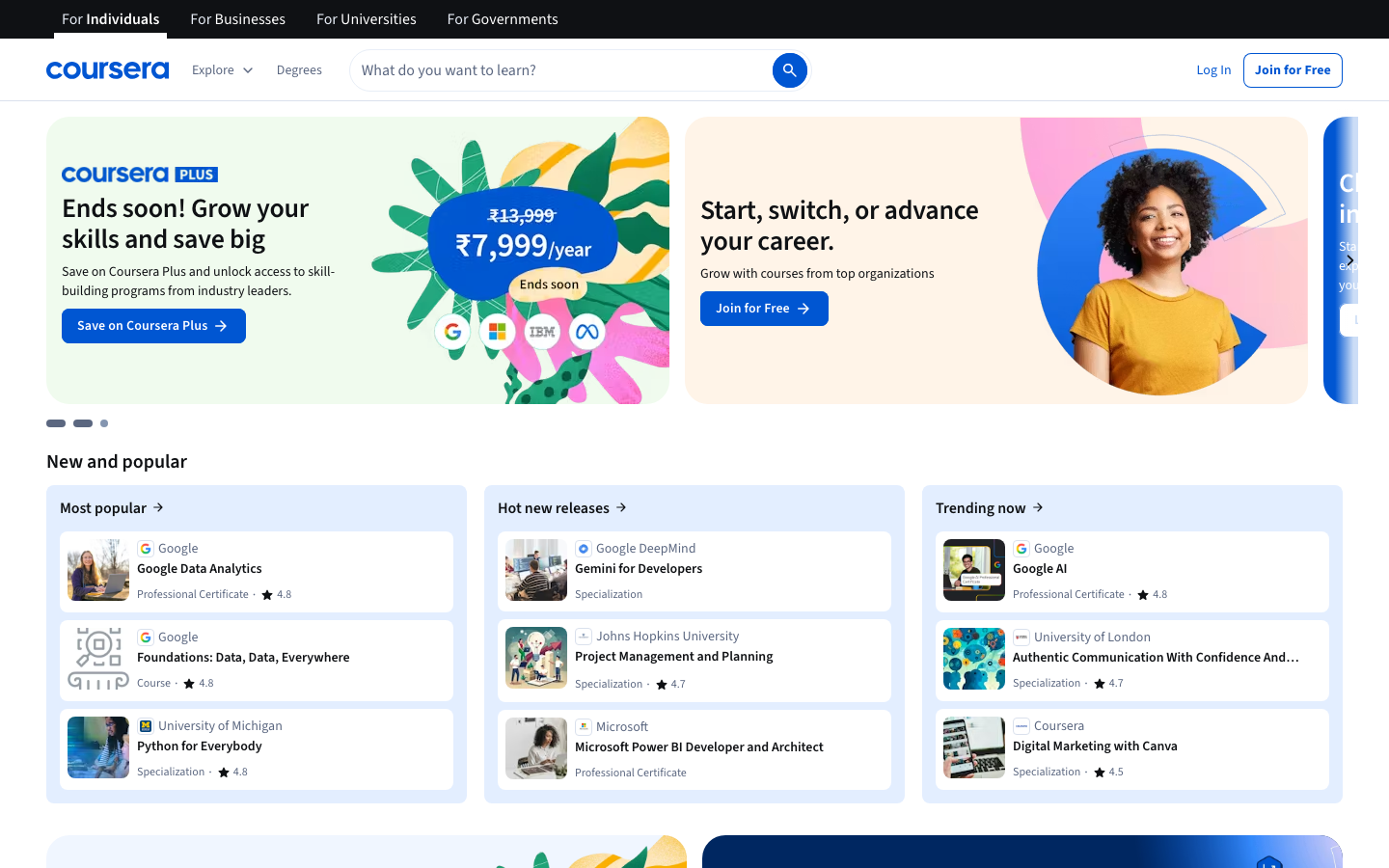 Coursera — university-led marketplace with degrees, certificates, and Coursera for Business; not for individual instructors