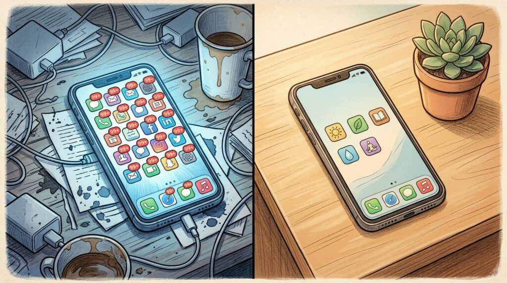 Two illustrations of smartphones: one cluttered with app notifications on a messy desk, the other minimal with few apps on...