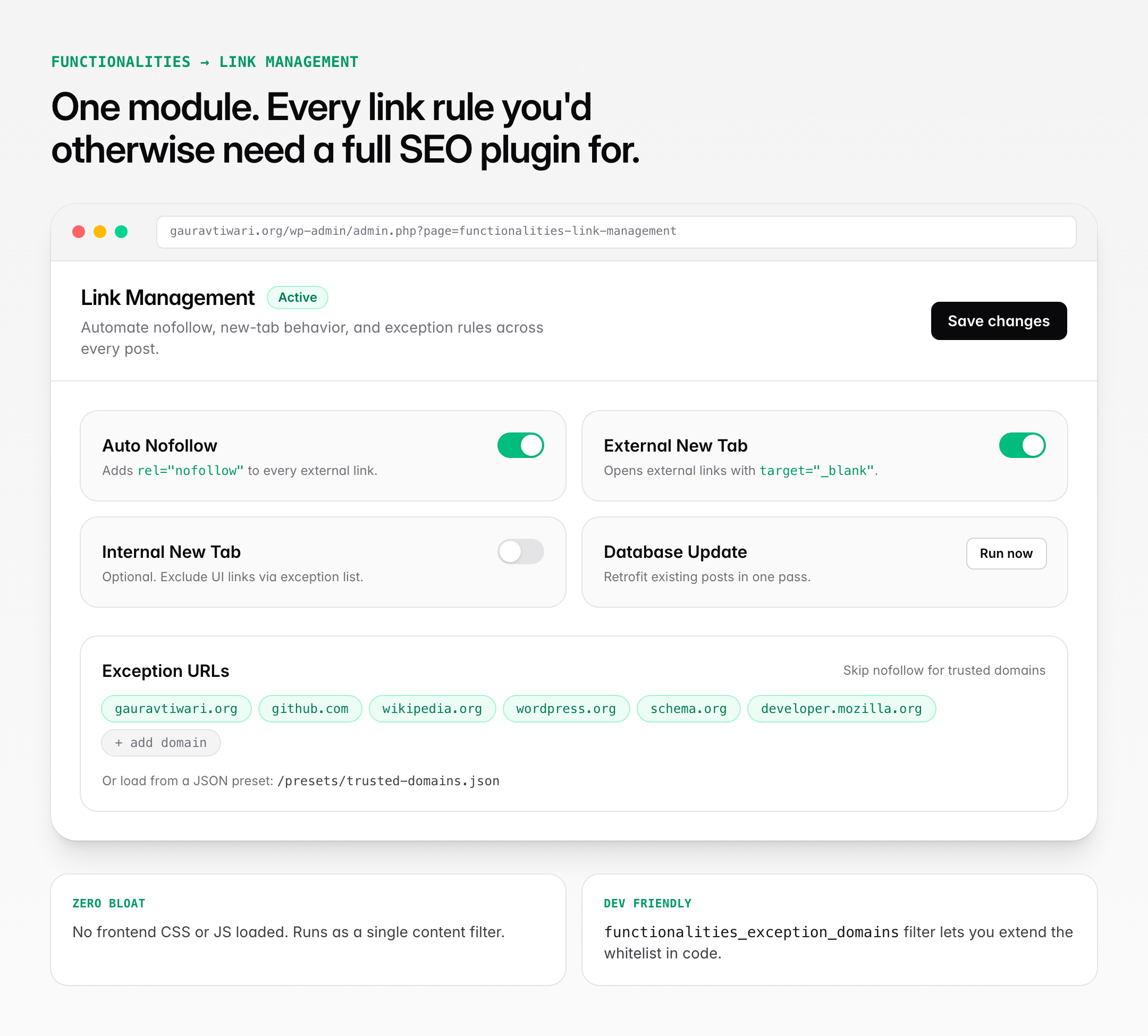 Dashboard mockup of the Dynamic Functionalities Link Management module with Auto Nofollow toggle, External New Tab, Database Update retrofit, and a list of exception domains