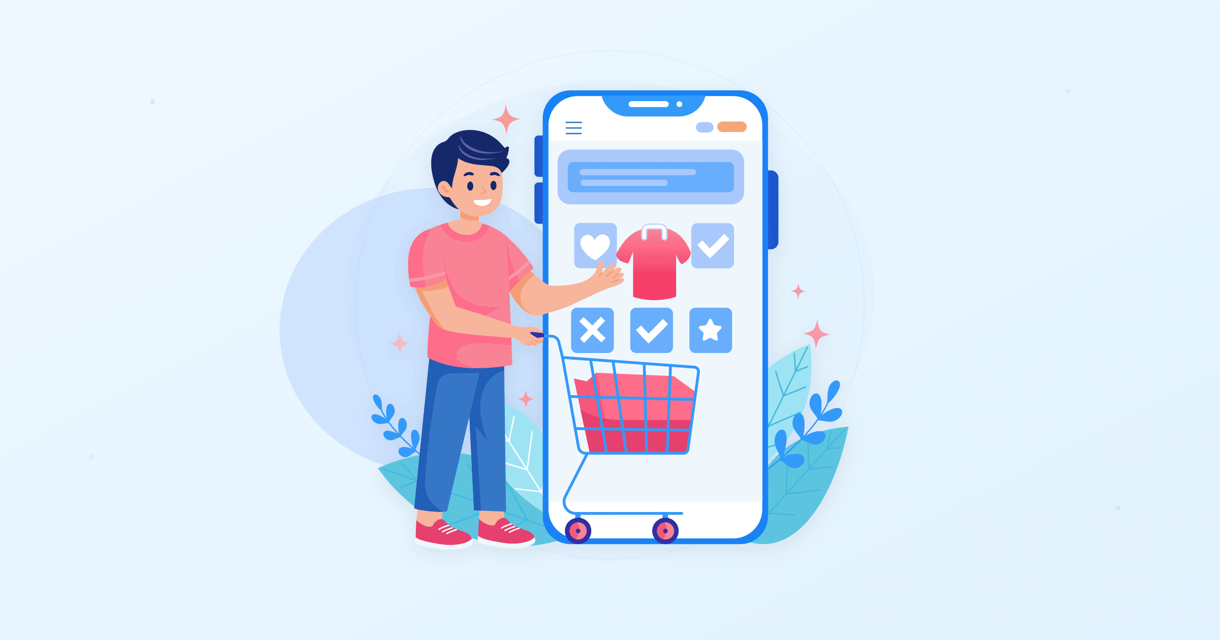 Mobile shopping illustration showing person browsing products on smartphone with cart