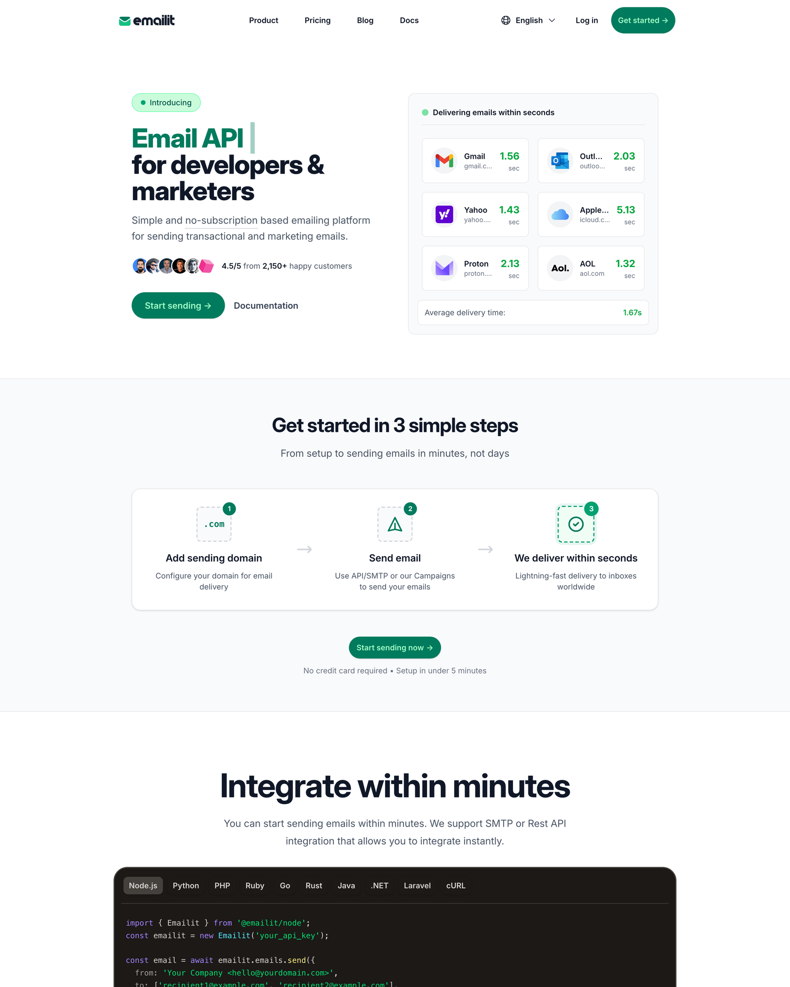 Emailit positions itself as an Email API for developers and marketers, with inbox delivery inside a few seconds.