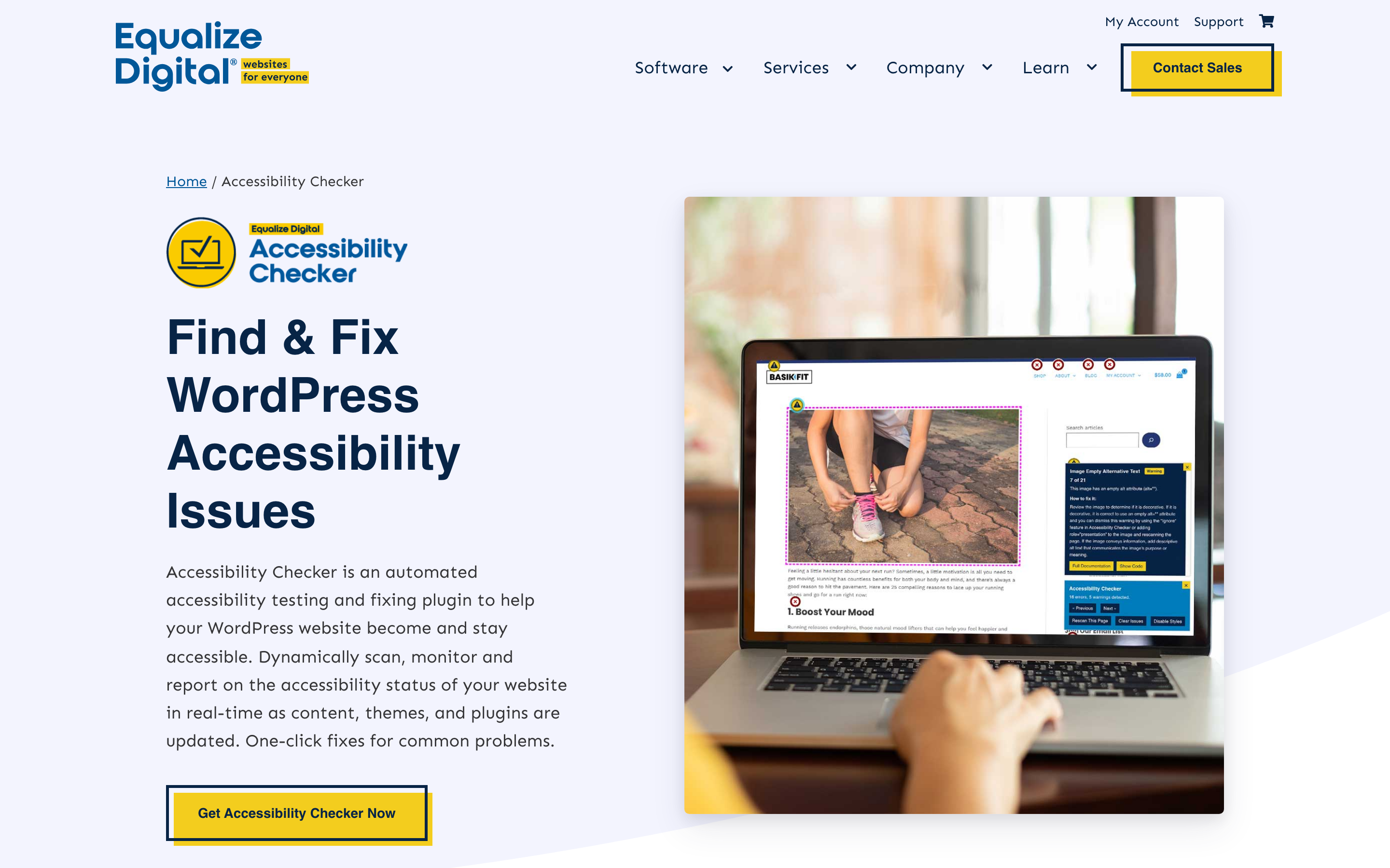 Equalize Digital Accessibility Checker WordPress plugin homepage showing automated WCAG auditing inside the block editor
