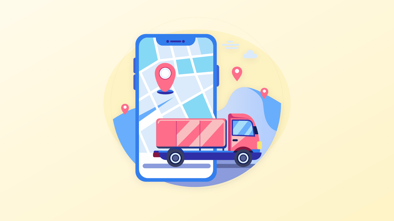Illustration of financial analysis and business operations showing delivery and commerce workflow