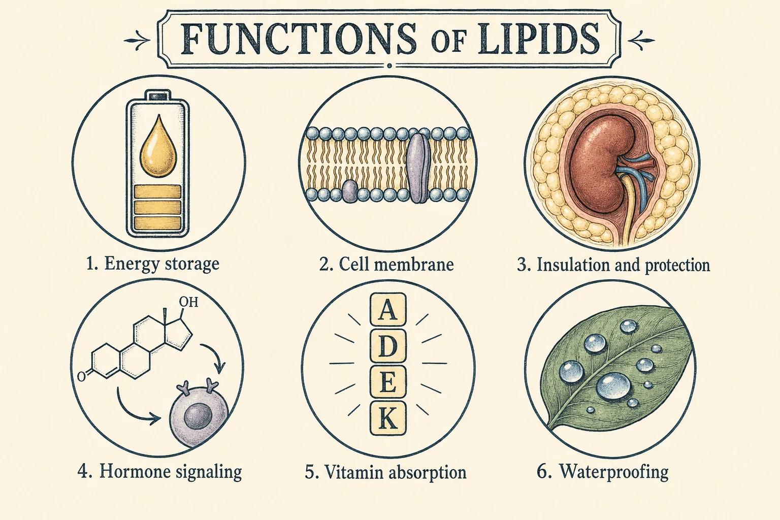 Six-icon grid summarising the biological functions of lipids: energy storage, cell membrane structure, insulation and protection, hormone signaling, vitamin absorption, and waterproofing