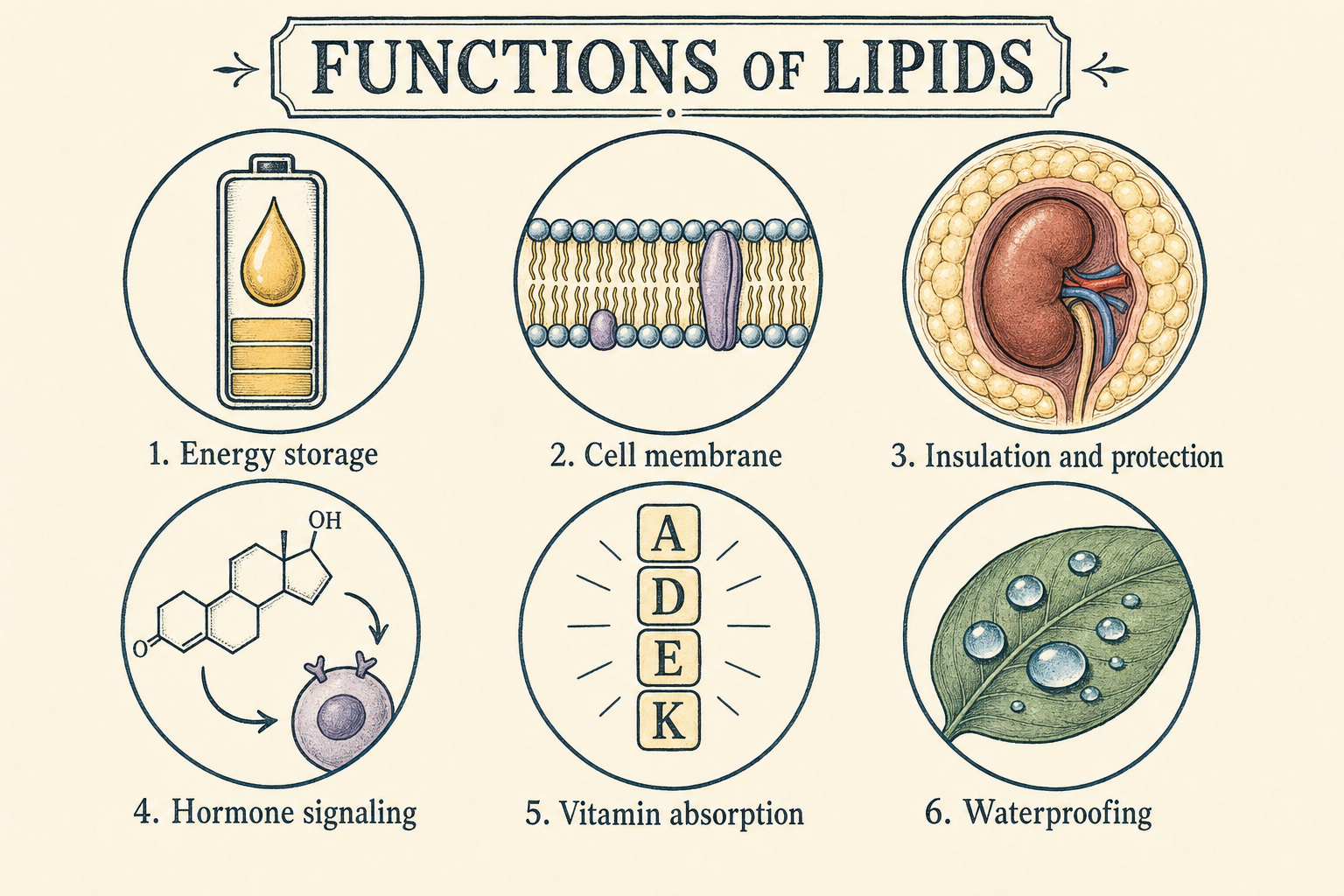 Six-icon grid summarising the biological functions of lipids: energy storage, cell membrane structure, insulation and protection, hormone signaling, vitamin absorption, and waterproofing