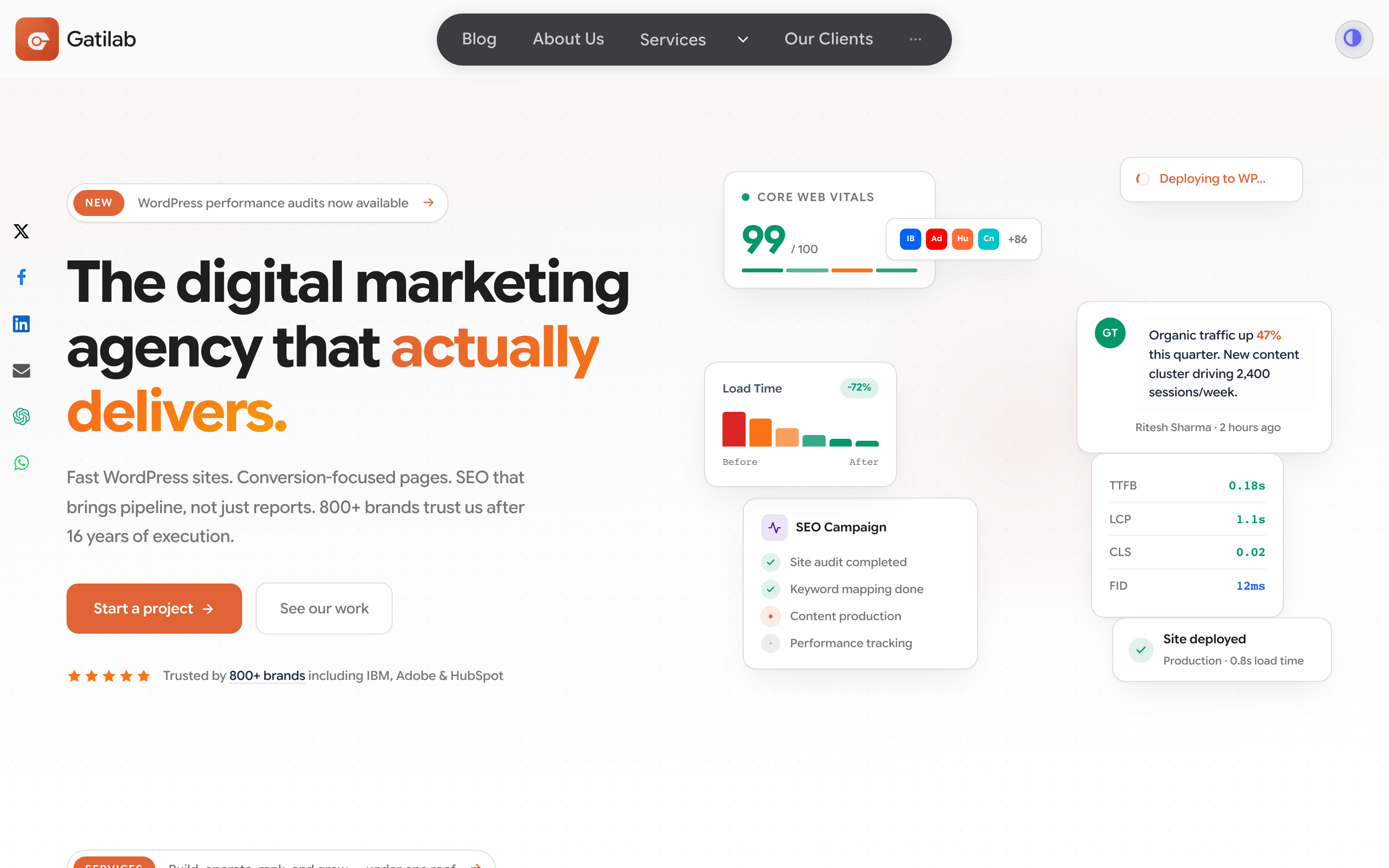 Gatilab homepage showing the agency positioning as a conversion-first WordPress development company in India serving 800+ brands