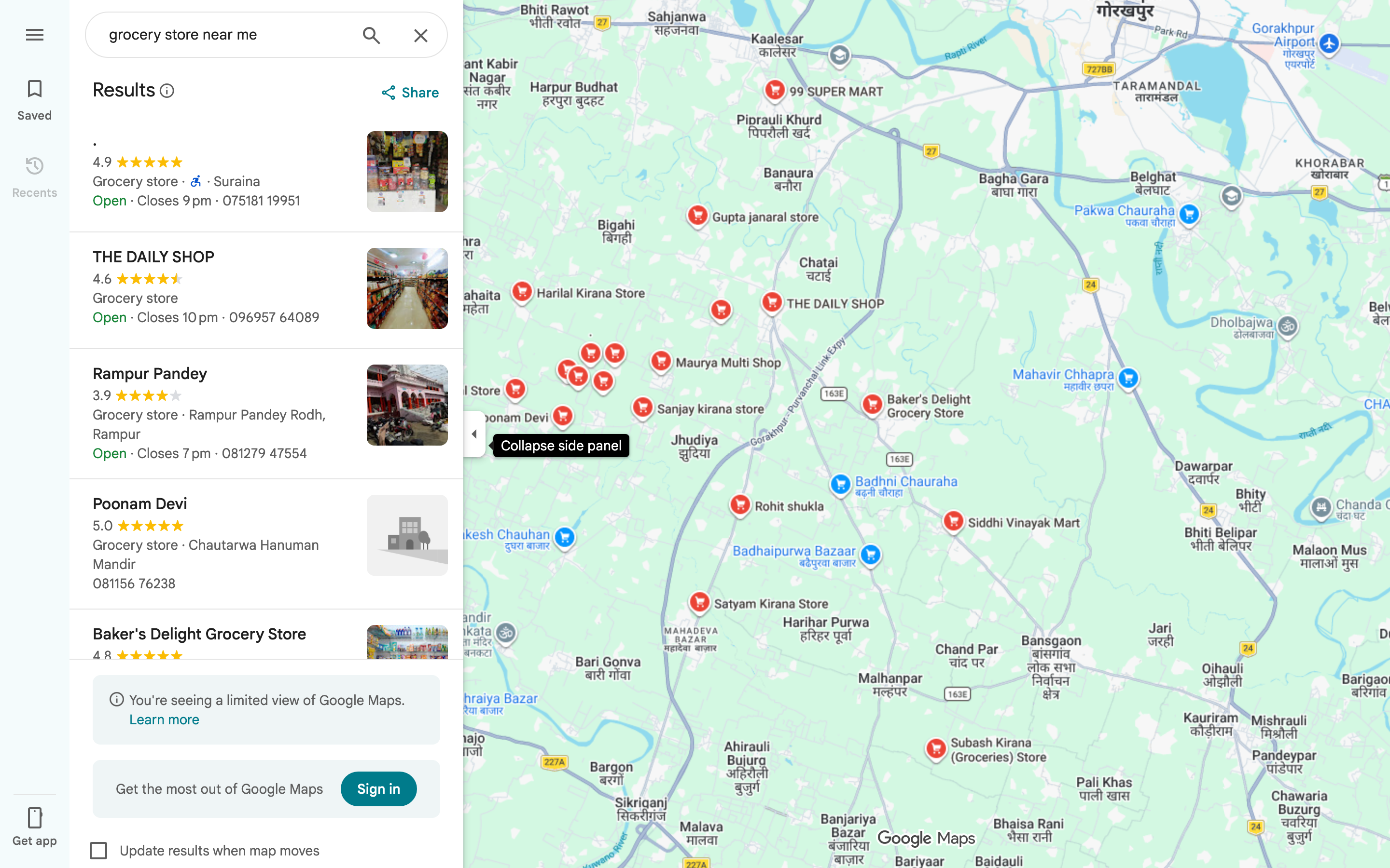 Google Maps showing closest grocery stores near me search results in 2026