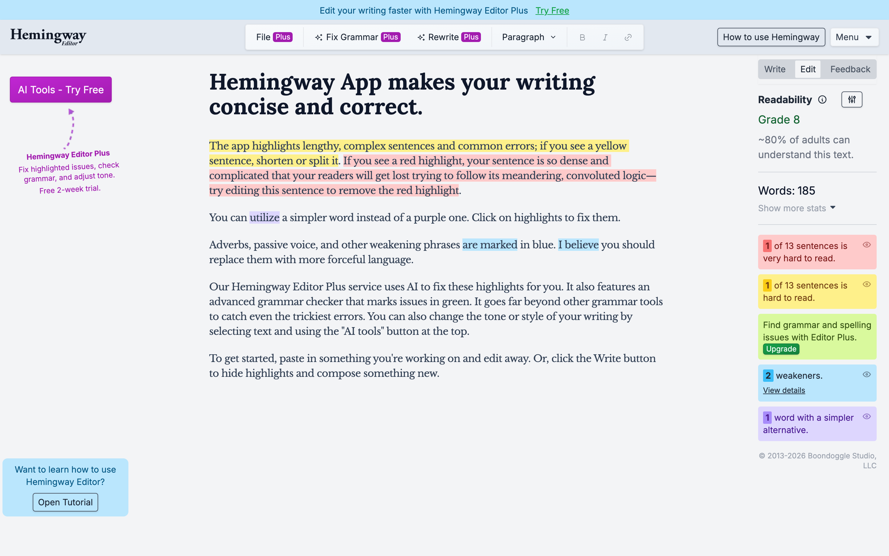 Hemingway Editor free comma and sentence clarity checker