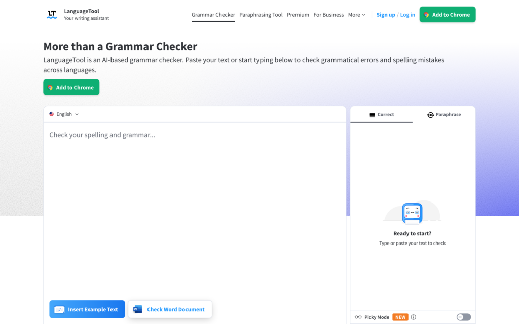 LanguageTool web checker with the text input and correction panel.