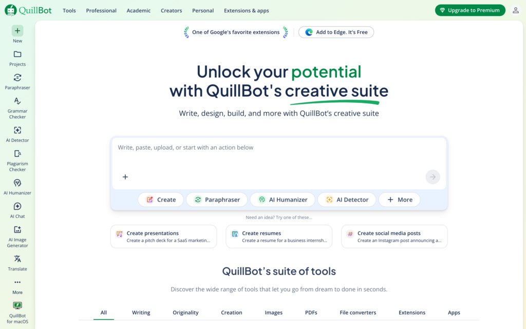 QuillBot workspace showing its paraphrasing, grammar and summarizing tools.
