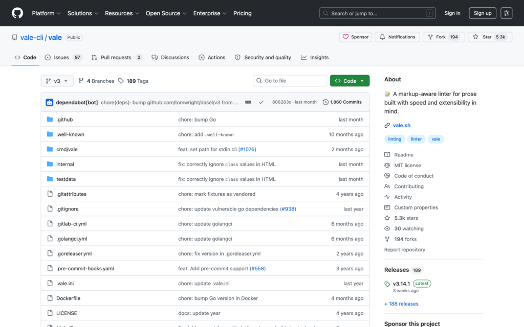 Vale GitHub repository showing the source files for its prose style linter.