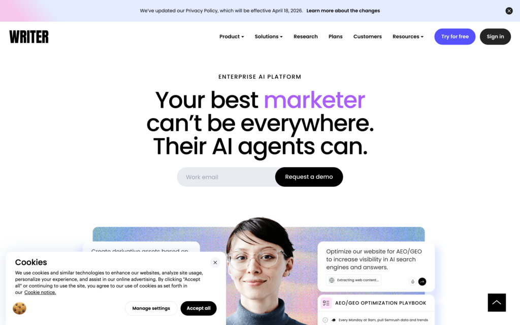 WRITER website presenting its enterprise AI agents and playbooks.