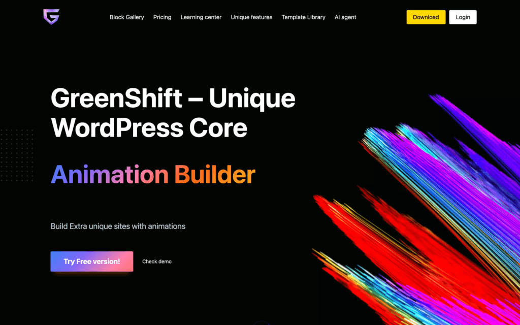 GreenShift homepage presenting the plugin as an animation builder for WordPress core