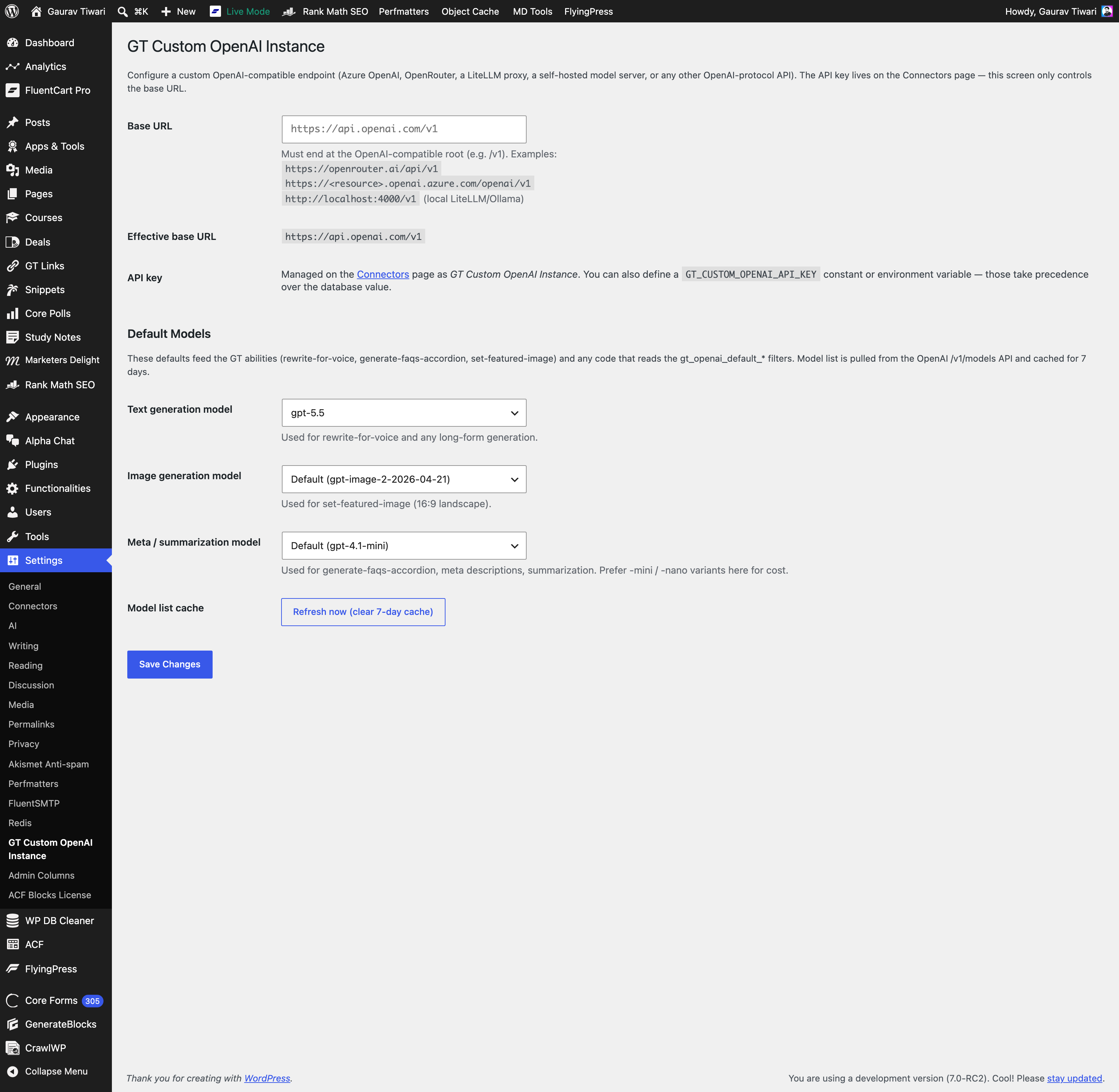 GT Custom OpenAI Instance settings page showing default text model gpt-5.5, image model gpt-image-2-2026-04-21 and meta model gpt-4.1-mini configuration