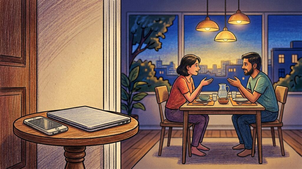 A couple sits at a dining table having a conversation, with a phone and laptop left on a side table nearby